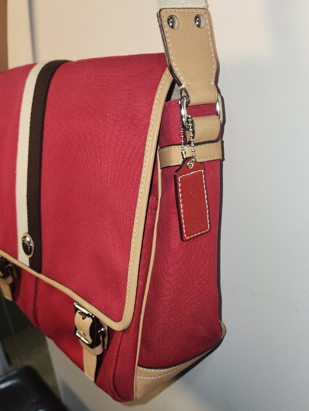 Coach Leather Red Canvas Messenger Bag Cream Trim Striped Accent Business Tote - Picture 7 of 16